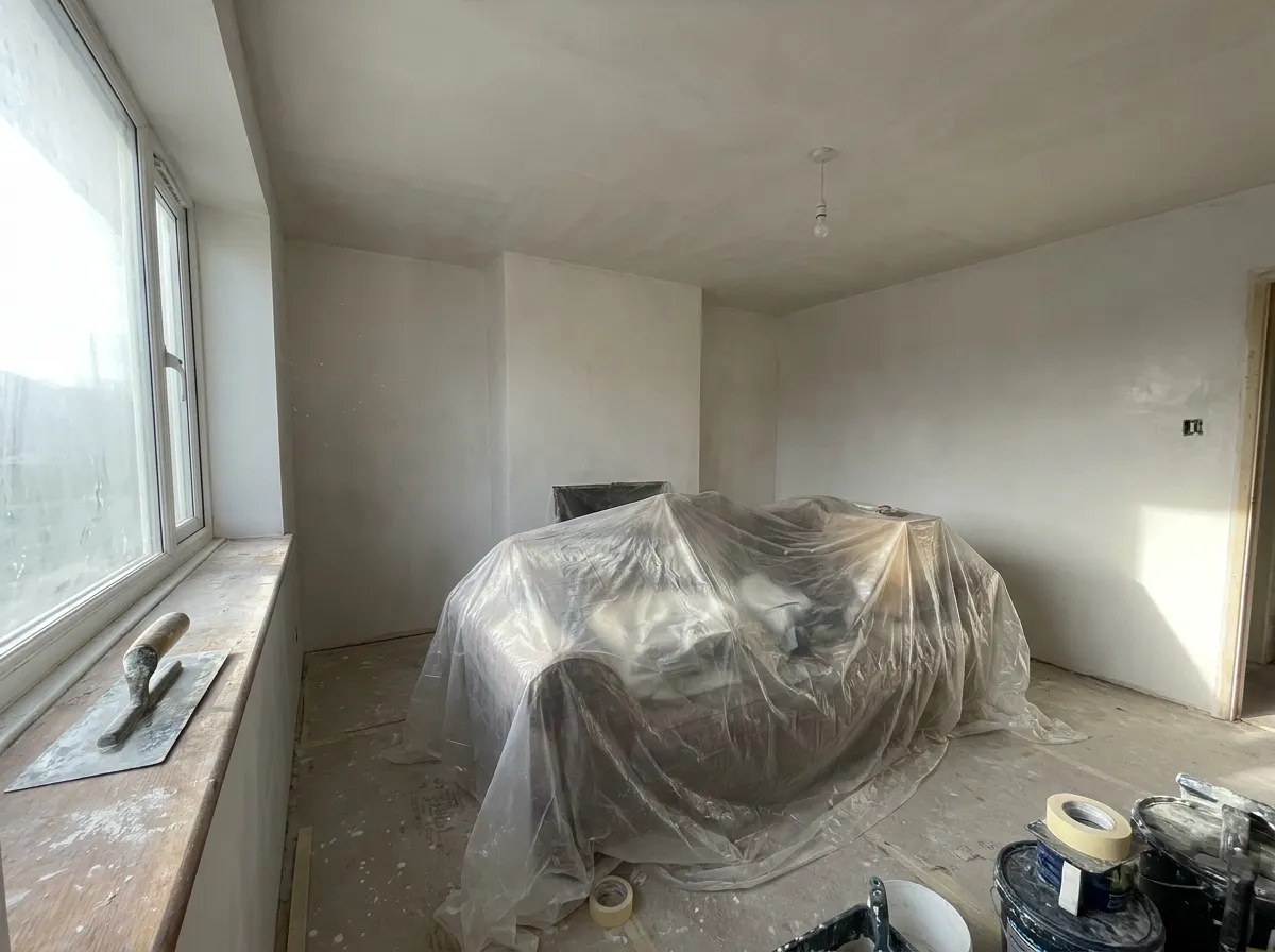 Woonkamer met pas bepleisterde witte muren en plafond, meubels in het midden onder folie, plamuurmes op de vensterbank