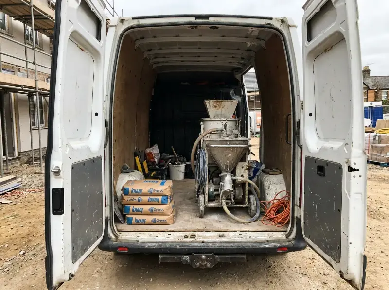 Kleine pleistermachine achteraan in een bestelwagen met zakken pleister ernaast