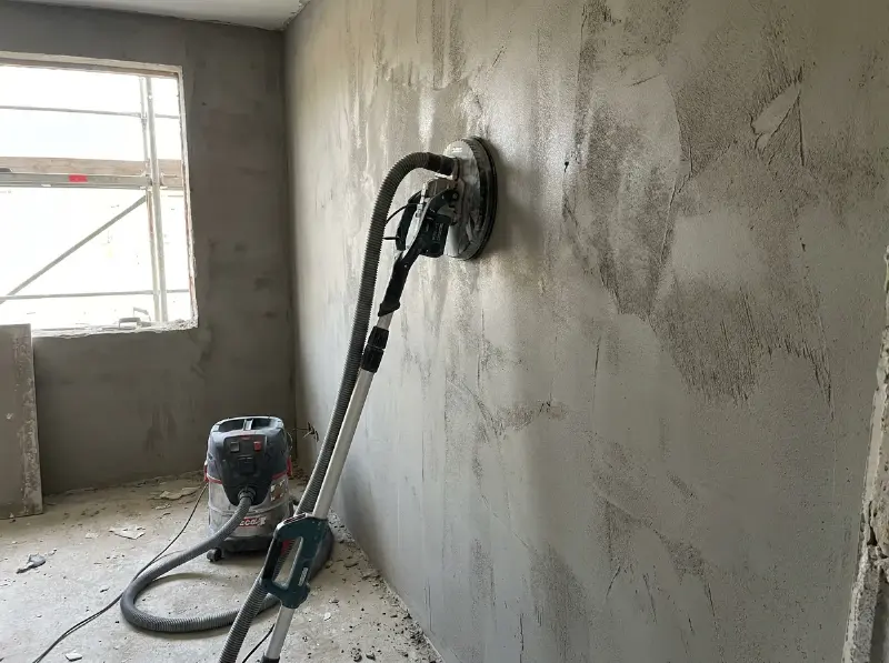 Schuurmachine met afzuigslang tegen een pas gepleisterde muur